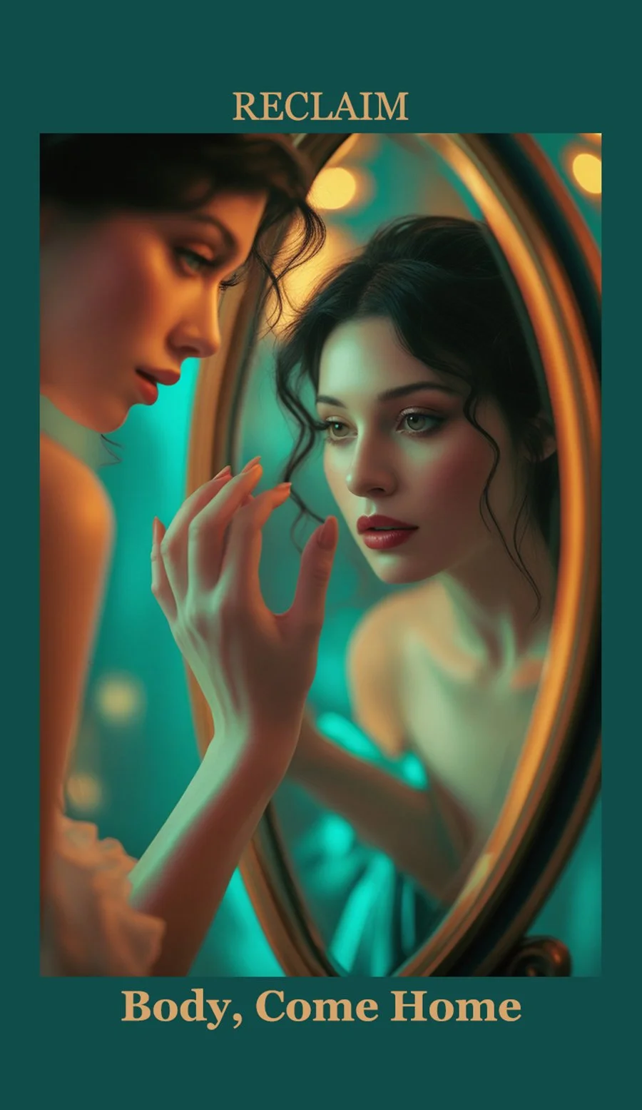 A woman with dark, curly hair looking at her reflection in an oval mirror, touching her face, in a colorful, softly lit room.