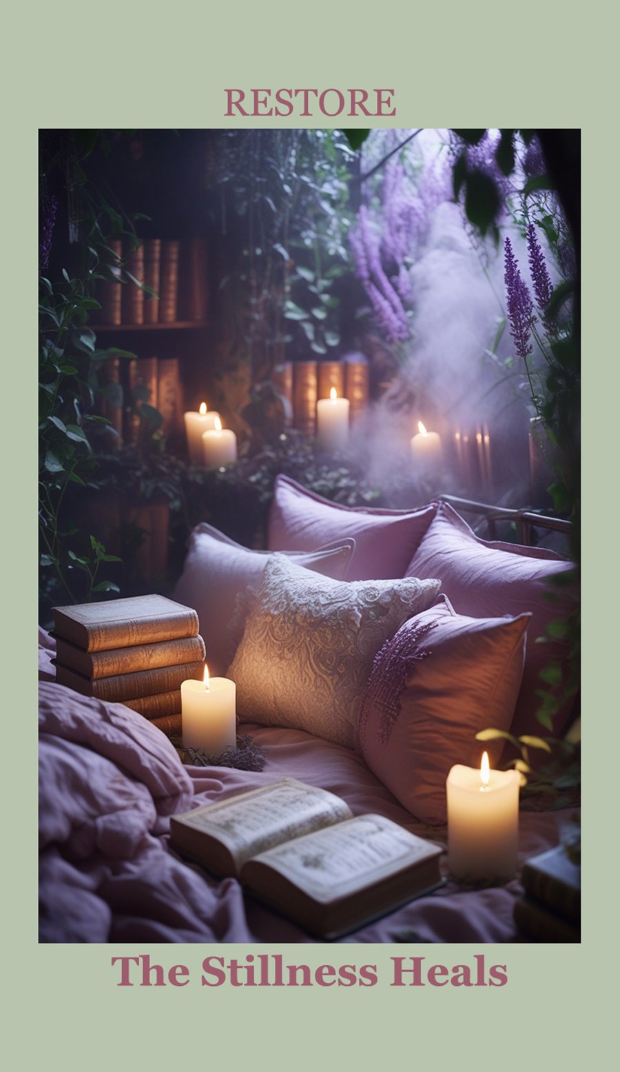 A cozy scene with a bed surrounded by candles, books, and pillows in a lush, green garden or room with purple flowers, creating a calming, healing atmosphere.