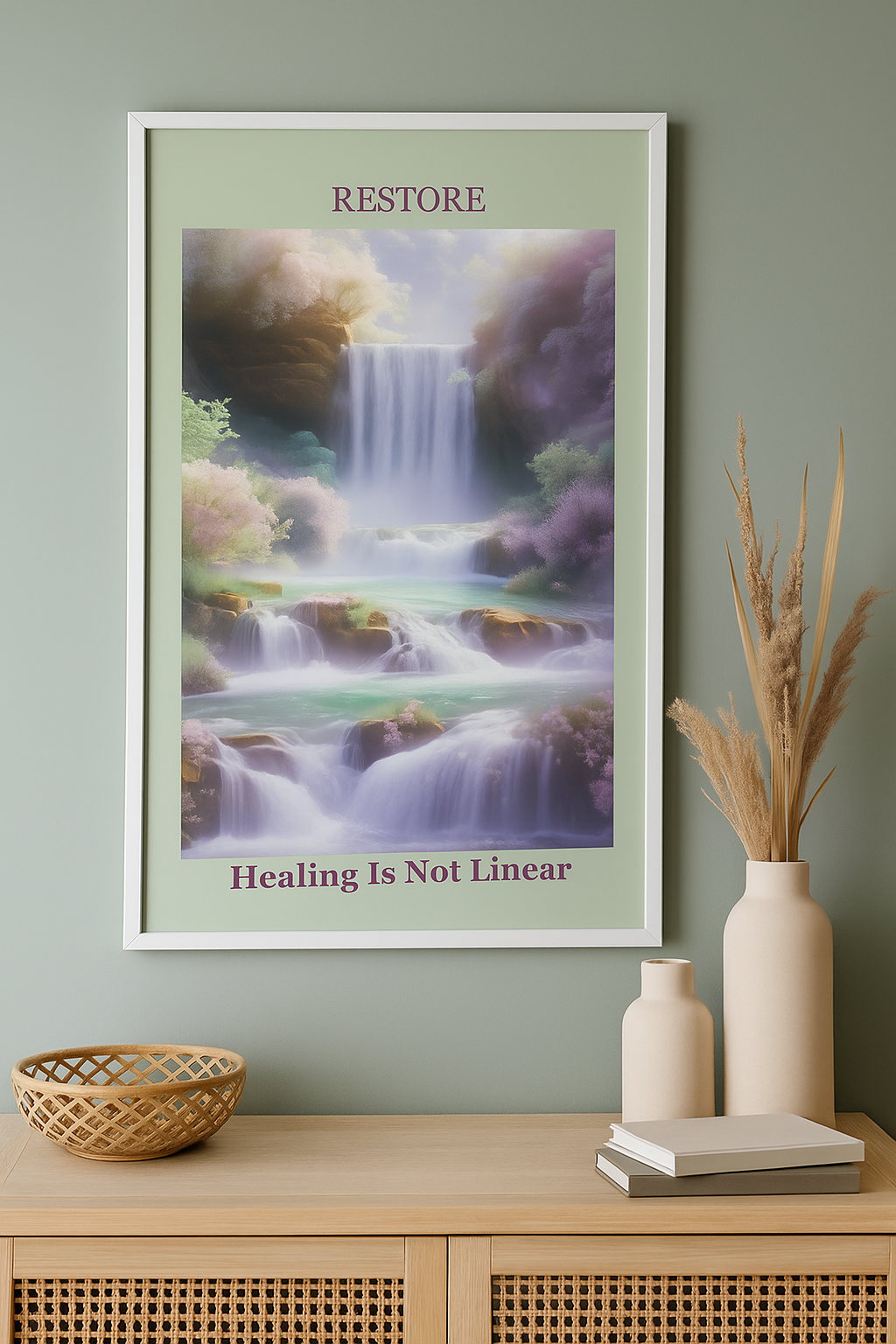 A framed poster titled 'RESTORE' hangs on a pale green wall, featuring a serene painting of a waterfall surrounded by lush greenery and purple foliage, with the subtitle 'Healing Is Not Linear.' On a wooden surface below, there are two beige vases with dried plants and a few stacked books.
