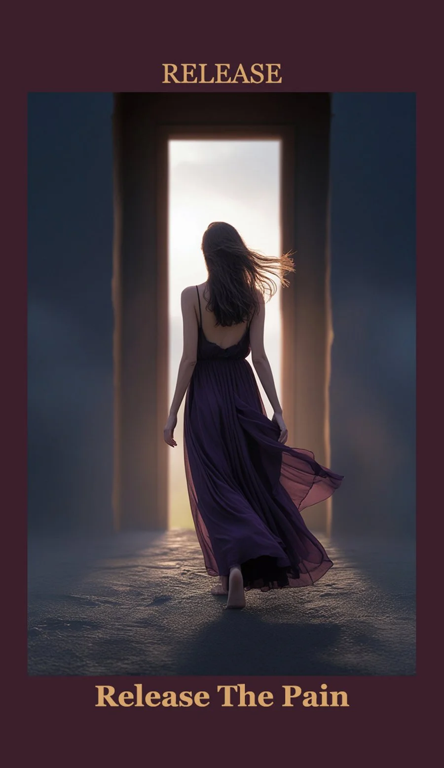 A woman in a flowing purple dress walking towards a bright doorway at sunset, with wind blowing her hair.