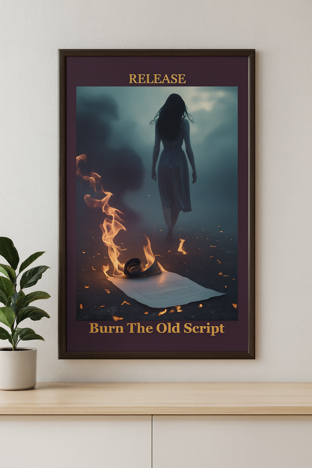 A framed poster on a wall with the words 'RELEASE' at the top and 'Burn The Old Script' at the bottom. The poster depicts a woman walking away, with a burning paper on the ground in front of her and dark clouds in the background.