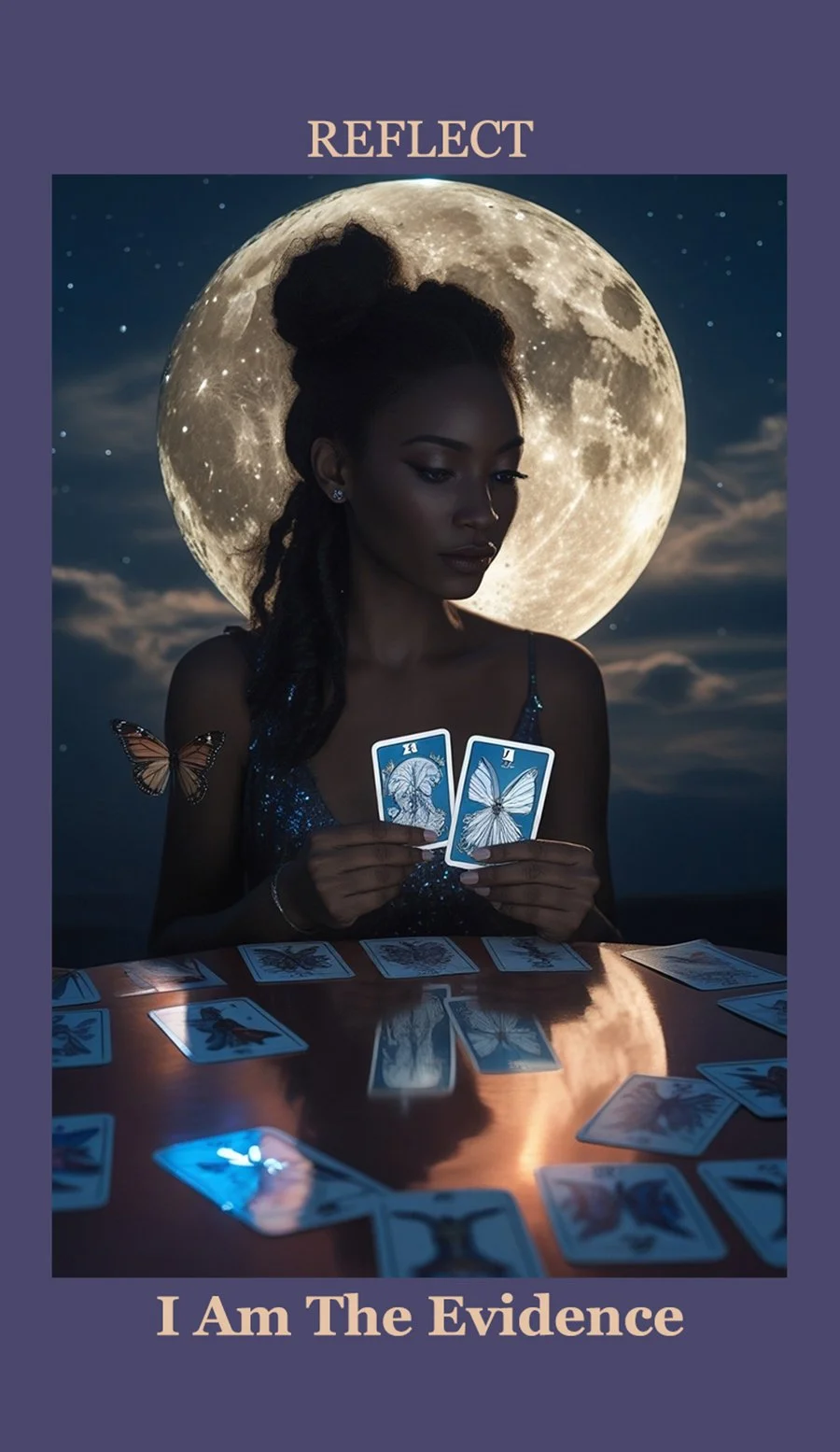 A woman in a blue, sparkly dress sits at a table with tarot cards, holding two cards featuring butterflies, under a large full moon in the night sky. The word 'REFLECT' appears at the top, and 'I Am The Evidence' is written at the bottom.
