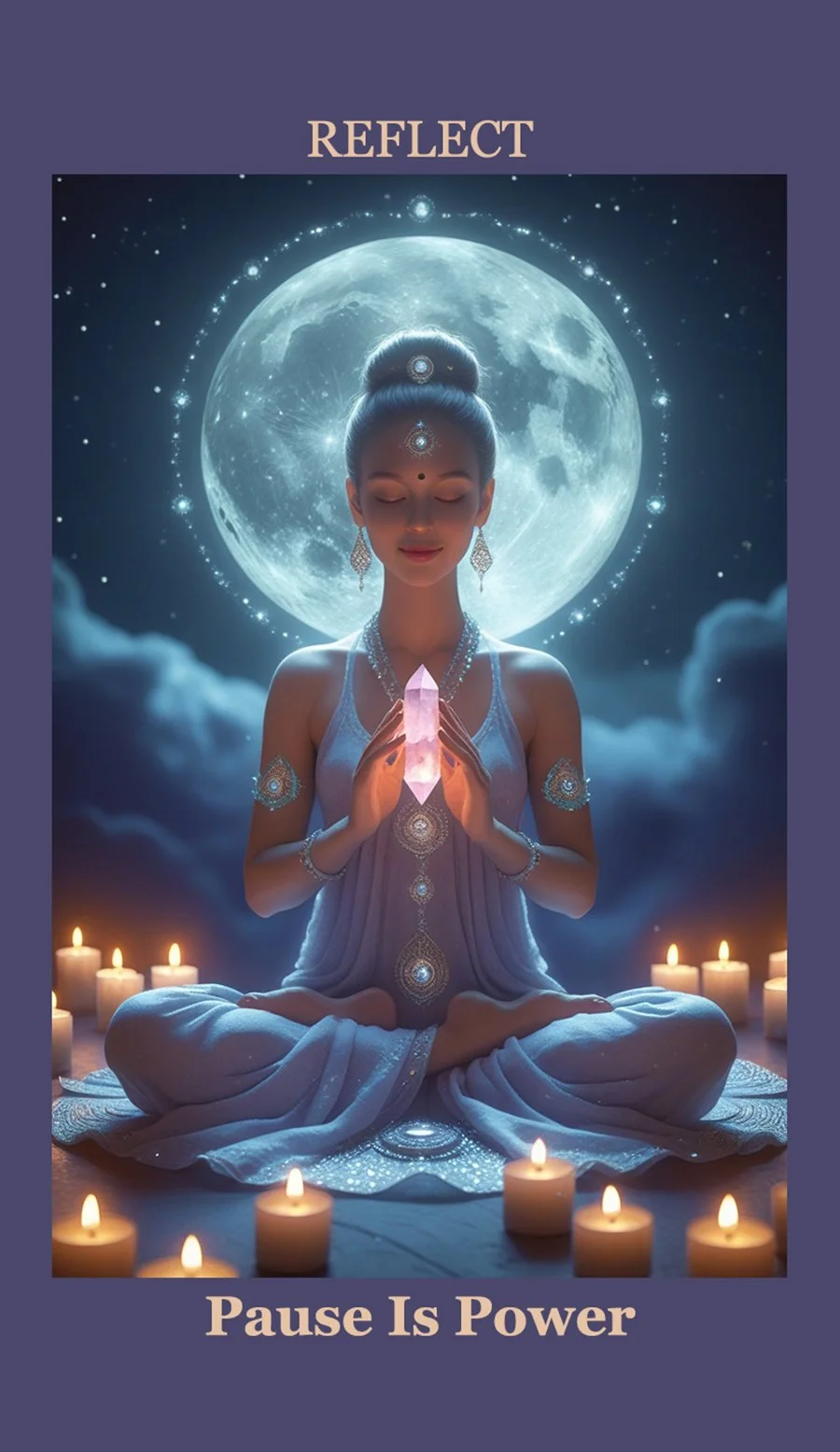 A woman practicing meditation in a moonlit setting, surrounded by candles, holding a glowing crystal, with a full moon in the background.