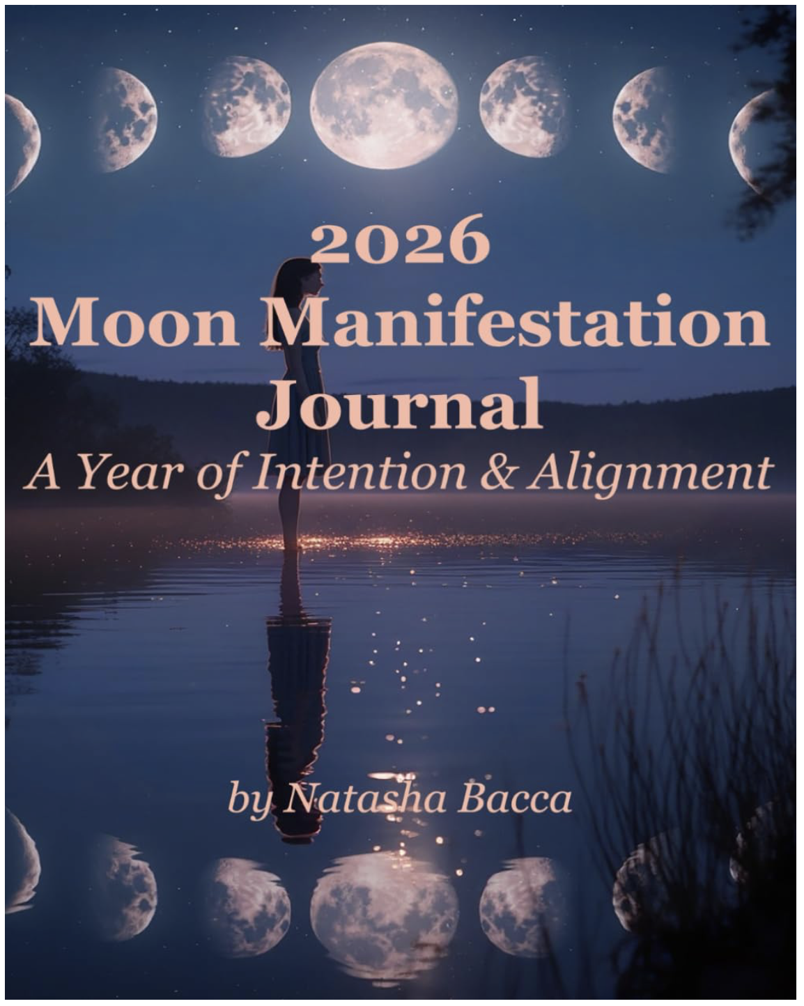 The cover of a journal titled '2026 Moon Manifestation Journal' by Natasha Bacca. The background depicts a dreamy scene with a woman standing in shallow water at night, with the moon phases illustrated above and their reflections in the water, creating a mystical atmosphere.