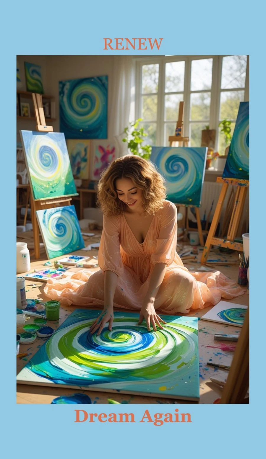 A woman with curly hair in a light pink dress on the floor of an art studio, creating a colorful swirl painting with green, blue, and white paint on a canvas. The studio has large windows, easels with similar swirl artwork, and various painting suppl
