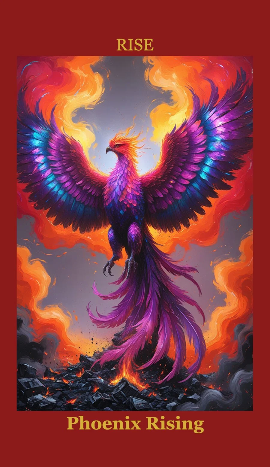 A vibrant, fiery phoenix with purple, pink, orange, and blue feathers rising from flames and rubble, with the words "RISE" and "Phoenix Rising" at the top and bottom.