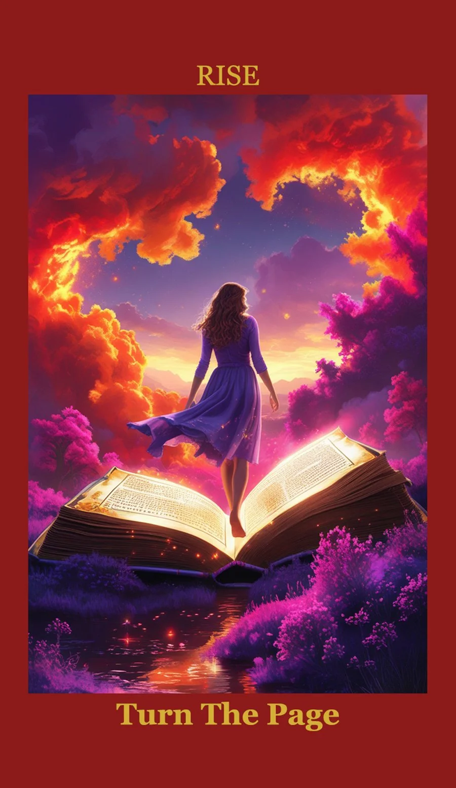 A woman in a blue dress standing on an open glowing book, with large colorful clouds in the sky and purple bushes below, conveying a sense of fantasy and awakening.