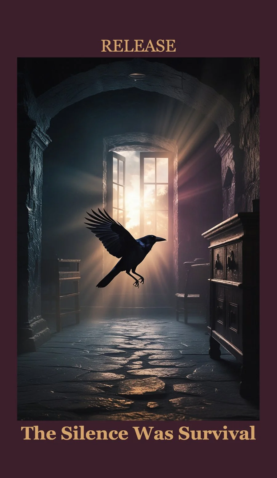 A black bird flying inside an old stone room with a large open window, sunlight streaming in, and a dresser on the right. The text says "RELEASE" at the top and "The Silence Was Survival" at the bottom.