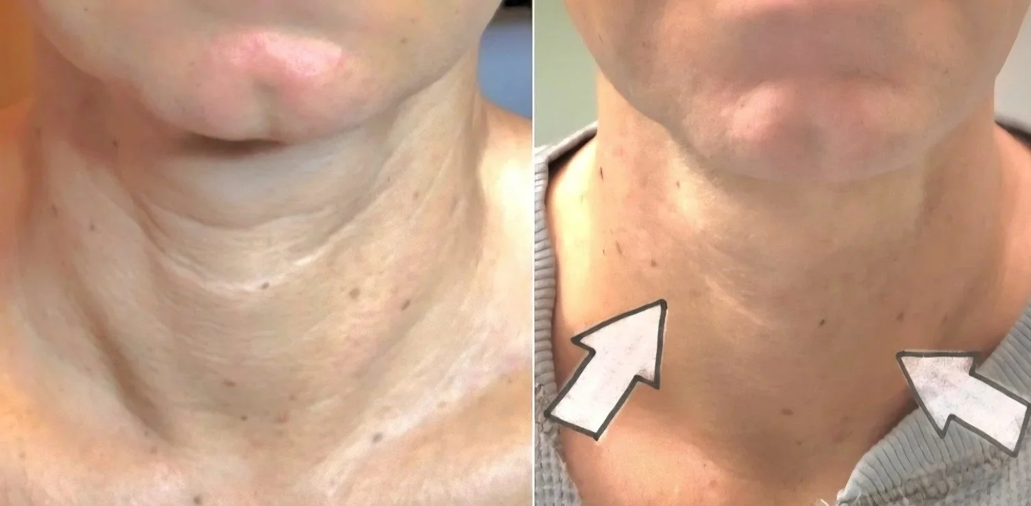 Comparison of neck skin before and after treatment showing reduced wrinkles and spots, with arrows pointing to improvements.