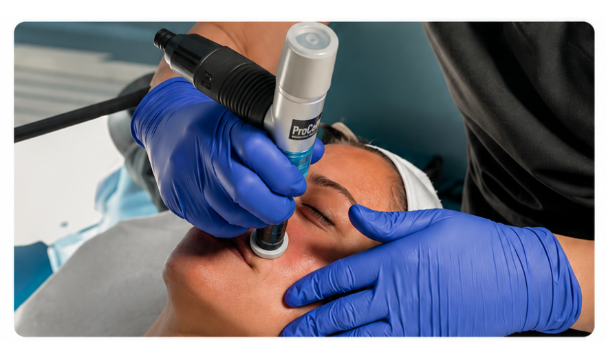 A person receiving a cosmetic or dermatological treatment on their face with a device, while wearing a headband and gloves.