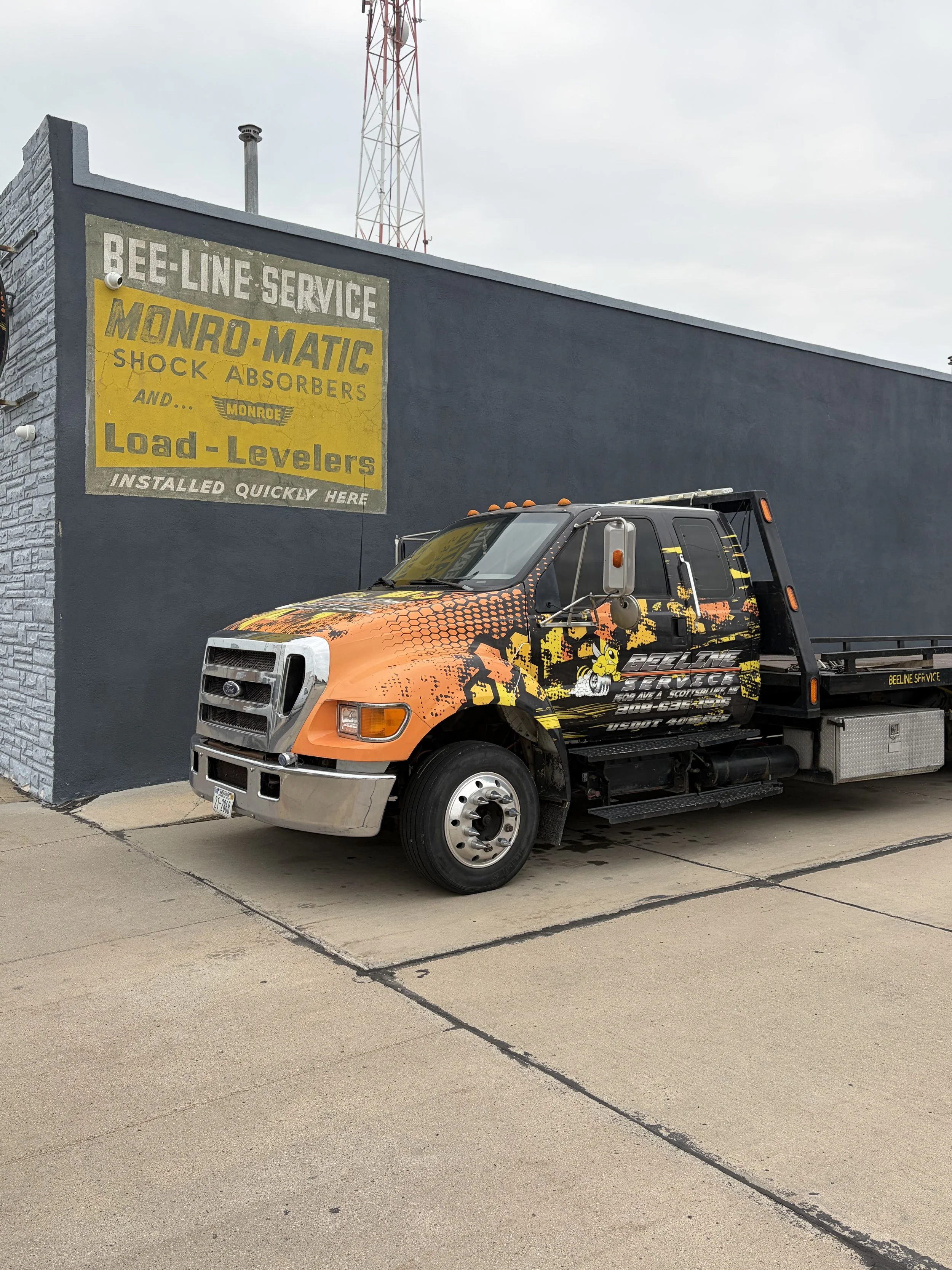 A truck parked outside a building with a sign that reads 'Bee Line Service, Mono-Matic Shock Absorbers, Load Levelers, Installed Quickly Here.' The truck features a black and orange reptile scale design with a cartoon bird mascot, contact information, and the company logo.