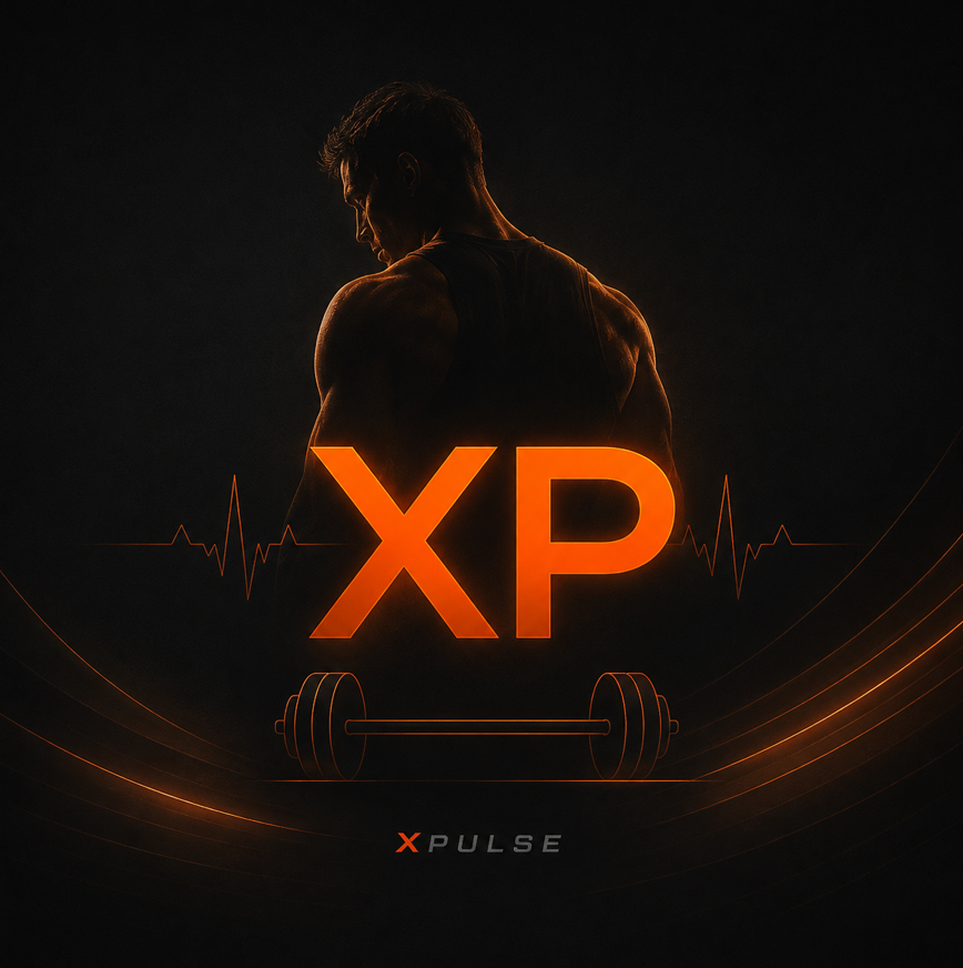 A muscular man in profile with a dark background, glowing orange text 'XP', a barbell, and an heartbeat line, indicating fitness or workout theme.