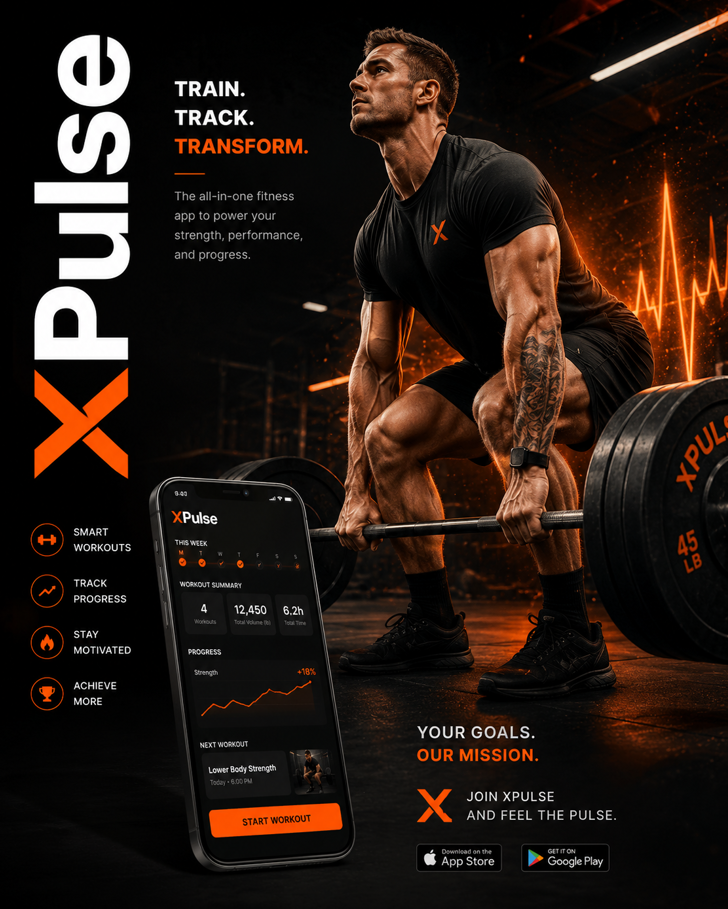 Young man lifting a barbell in a gym, promoting the XPULSE fitness app on a smartphone, with orange and black design elements and text about workout features.