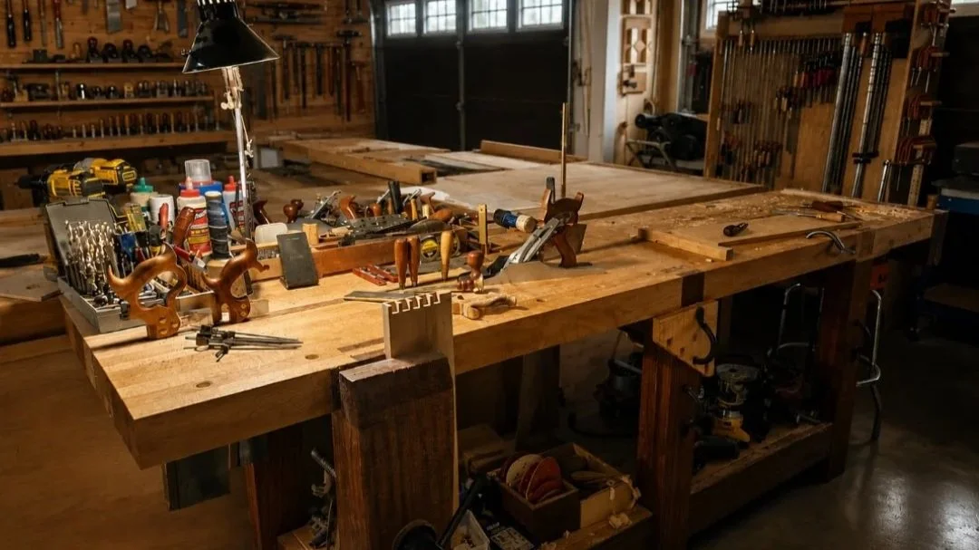 A woodworking workshop with a large central workbench, various hand tools, power tools, wood stains, clamps, and a workspace organized with shelving and storage.