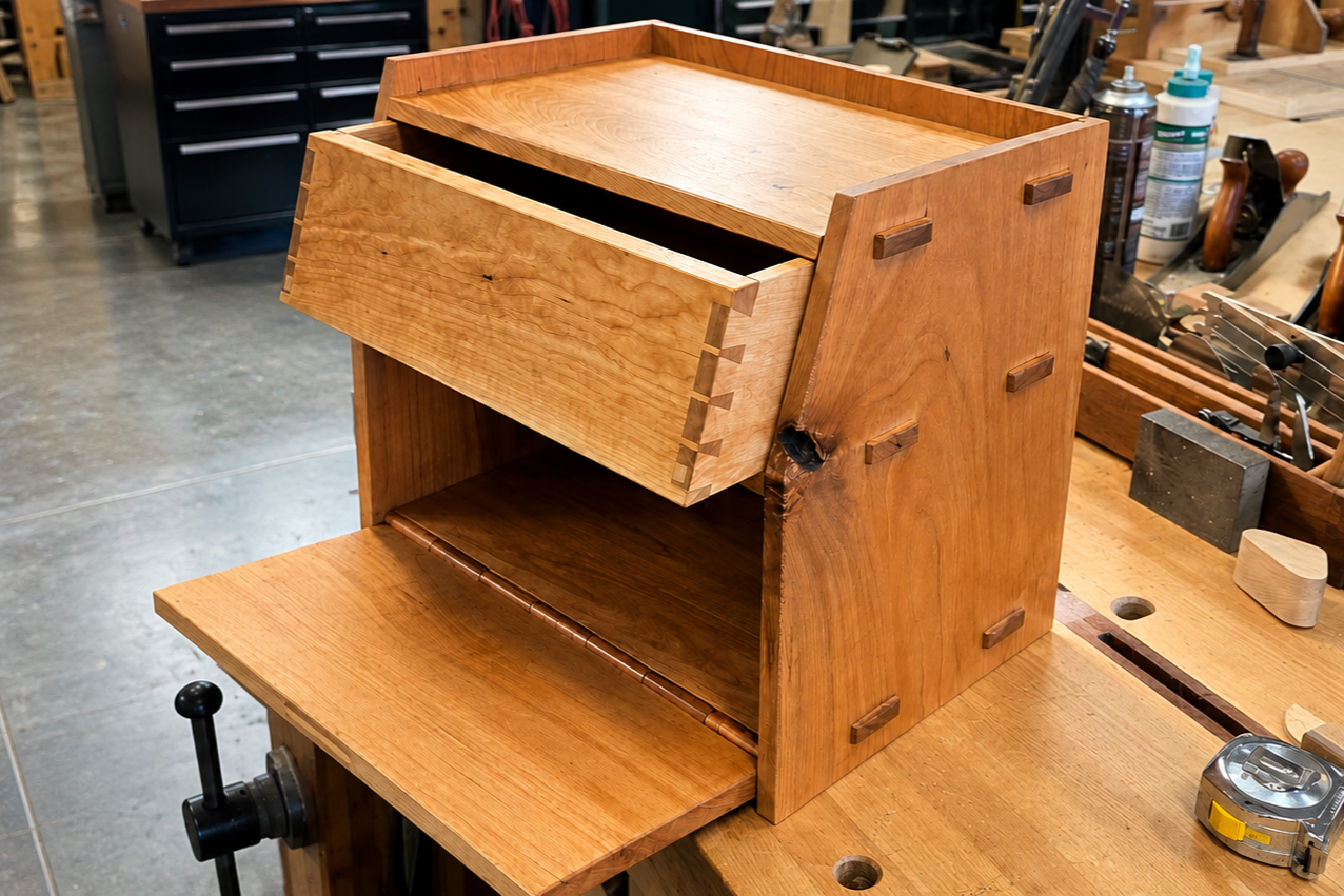 A wooden workstation with multiple compartments, including an open drawer and shelves, in a woodworking shop.