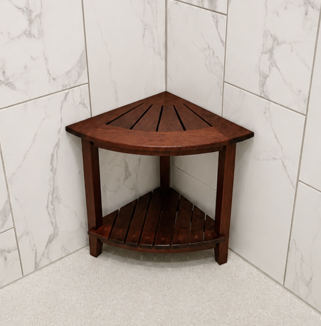 Wooden corner shower caddy in a tiled bathroom corner.