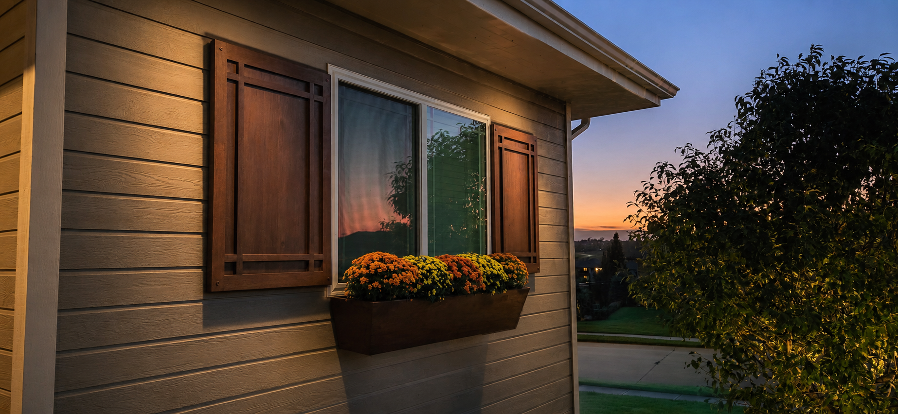 Close-up of a house exterior during sunset, showing a window with wooden shutters, a flower box with colorful chrysanthemums, and a tree on the right side.