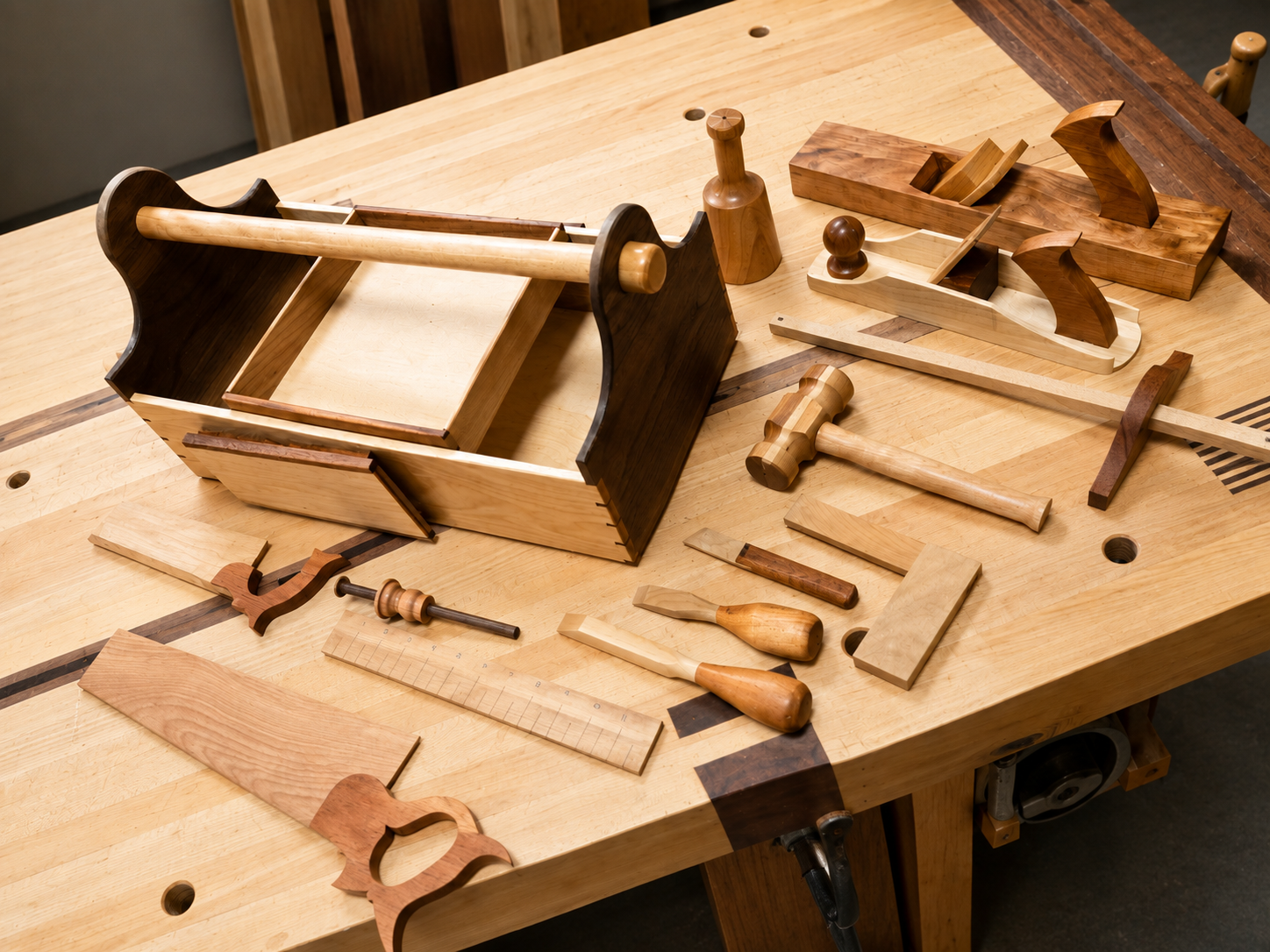 Woodworking tools and unfinished projects on a workbench, including a small wooden box, chisels, a ruler, and various wooden parts for future assembly.