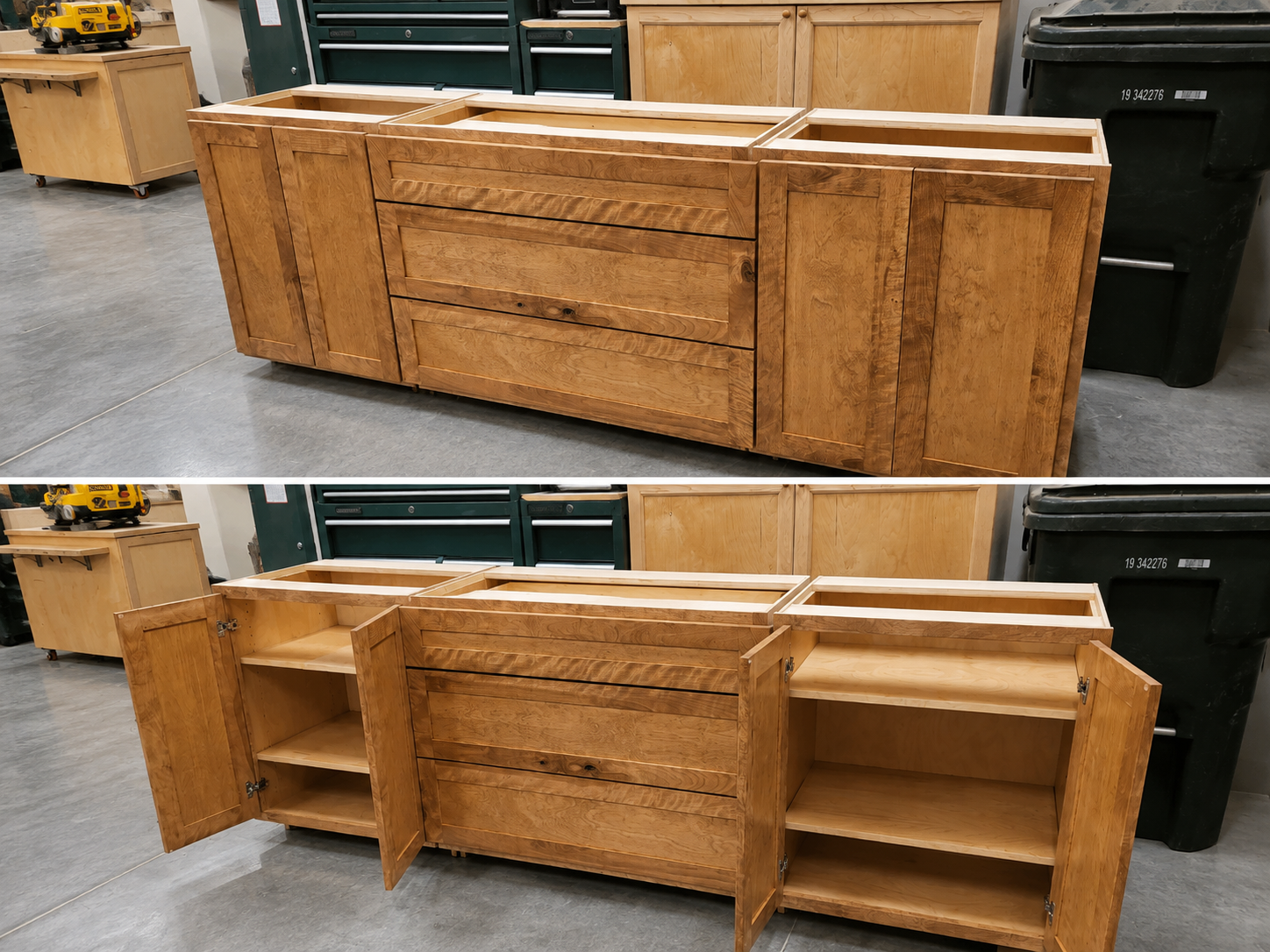 Wooden furniture piece with open doors and drawers, revealing internal compartments, in a workshop setting.