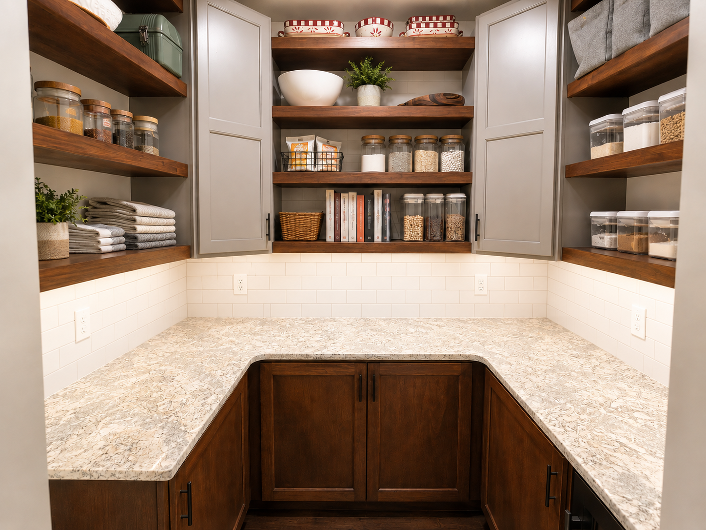 Empty kitchen with open shelves, gray cabinets, white tile backsplash, and granite countertop.