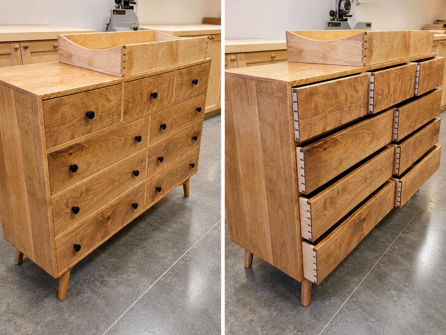Two wooden dressers with elementary dovetail drawers, one with nine small drawers and the other with six larger drawers, handcrafted from light-colored wood.