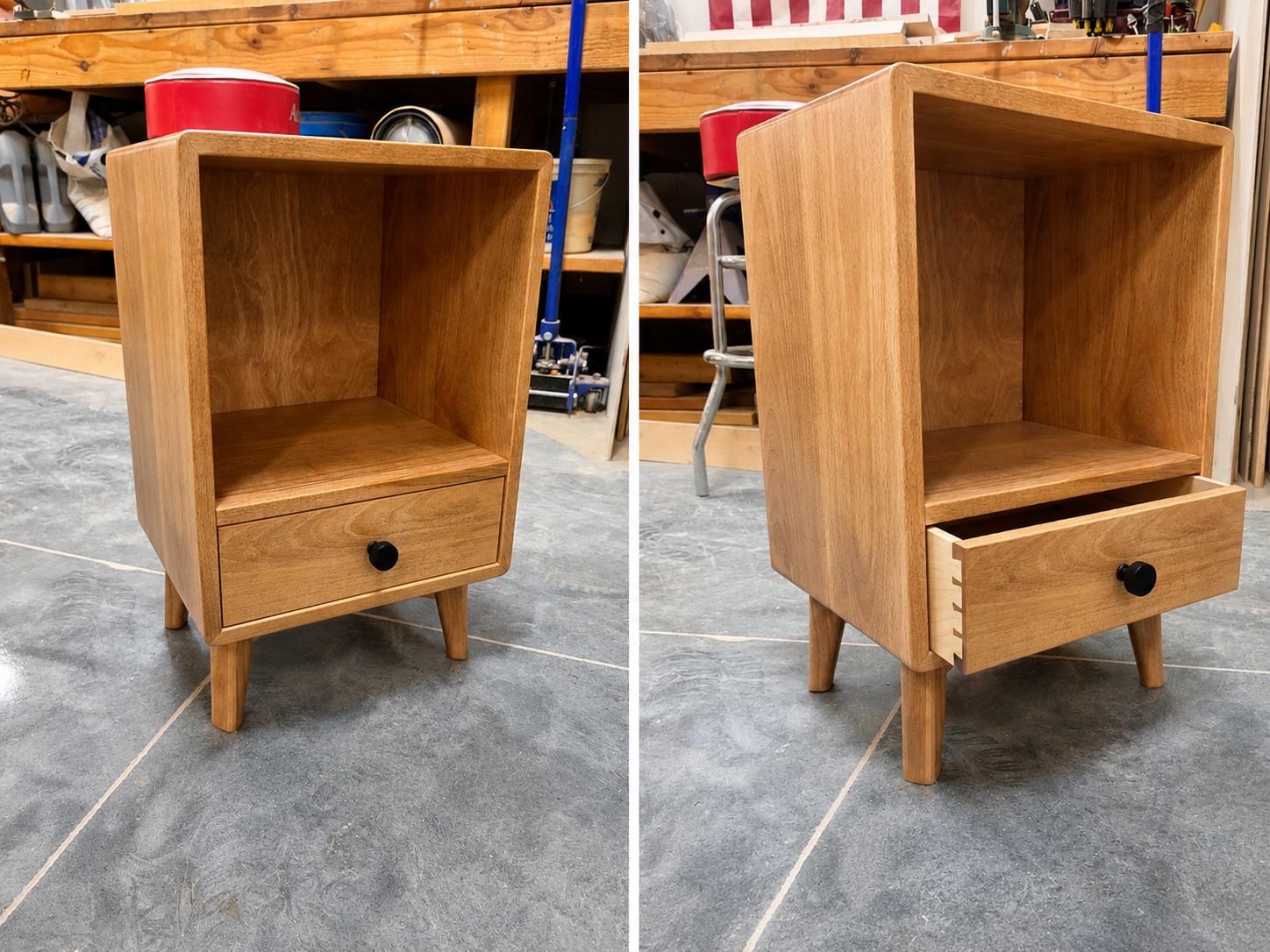 Unfinished wooden nightstand with a drawer and a black knob, elevated on four angled legs, photographed from different angles in a workshop setting.