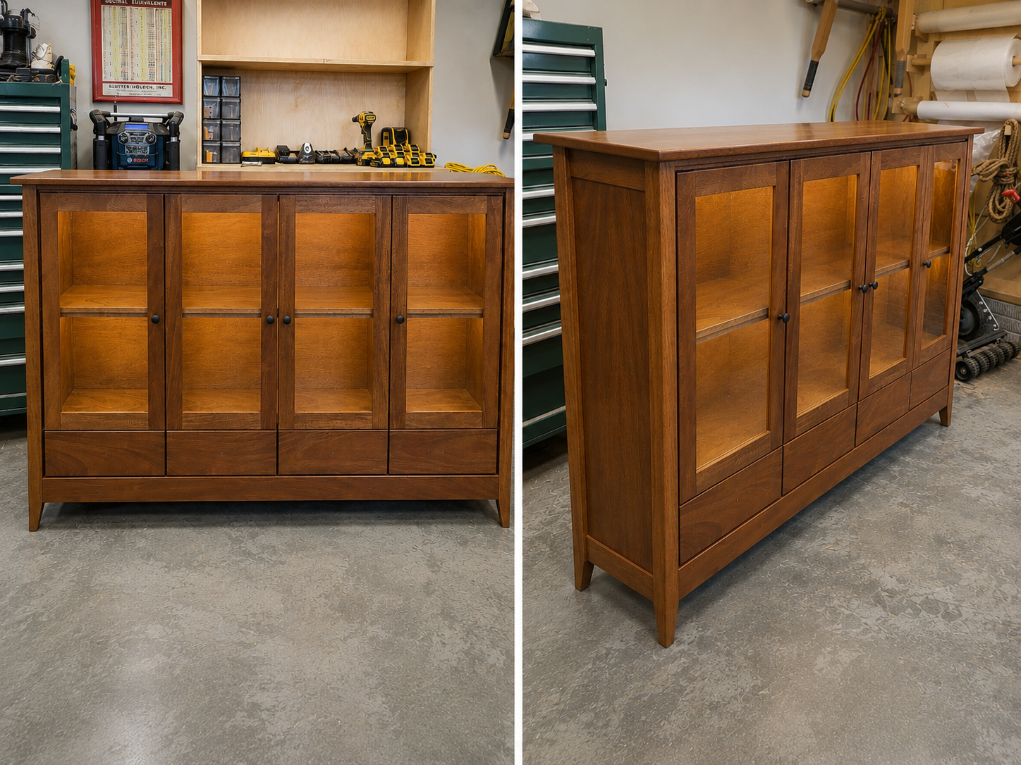 A wooden cabinet with glass doors and drawers at the bottom, shown from front and side angles, in a workshop setting with tools and supplies in the background.