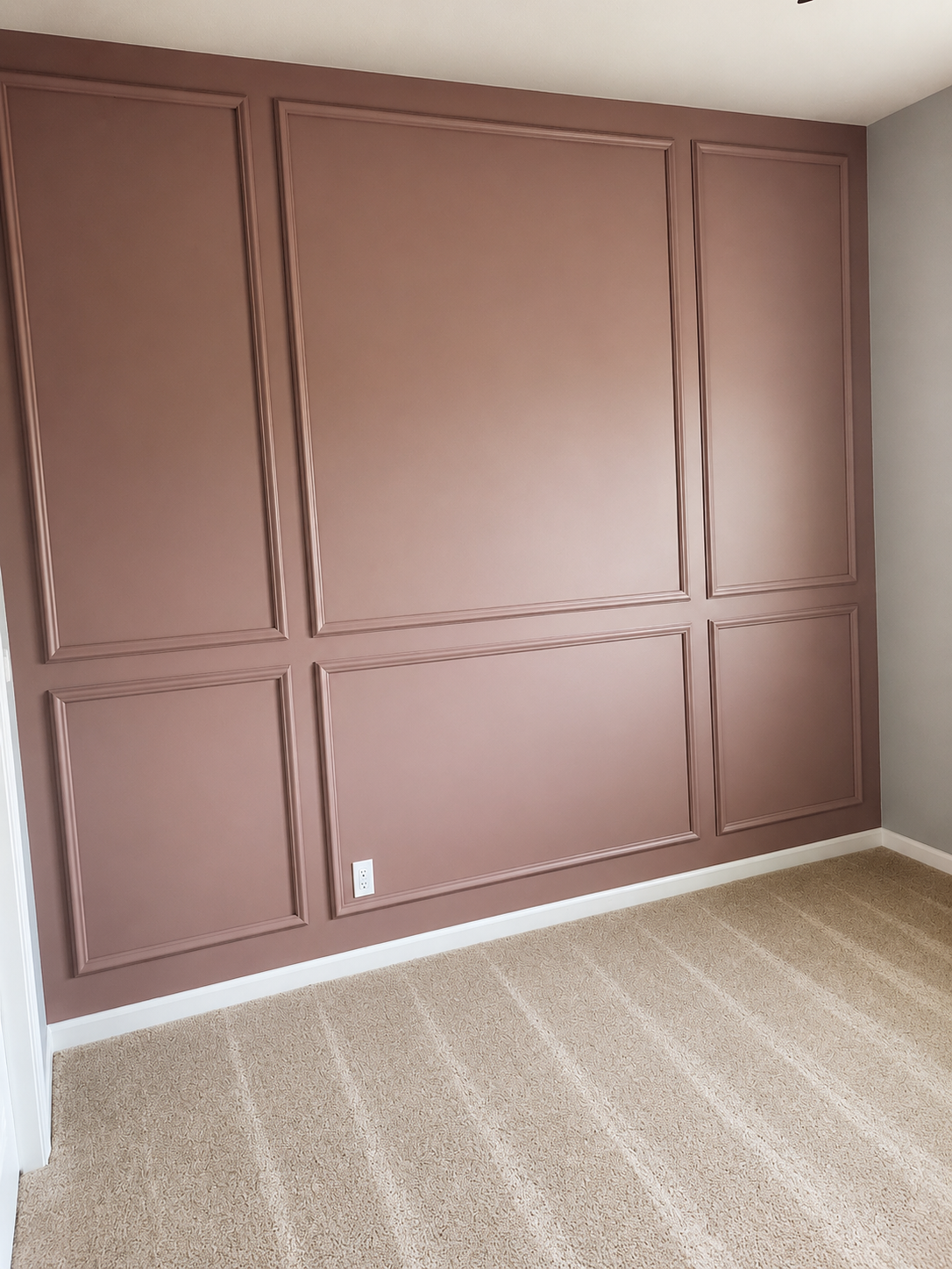 An empty room with a beige carpet and a mauve wall with rectangular decorative paneling.