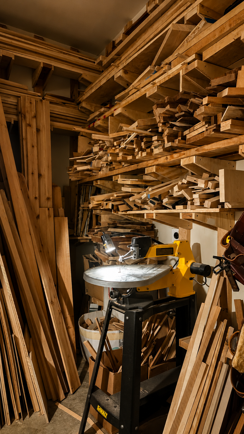 Woodworking shop with shelves of various cut pieces of wood and a yellow table saw with a cutting blade.