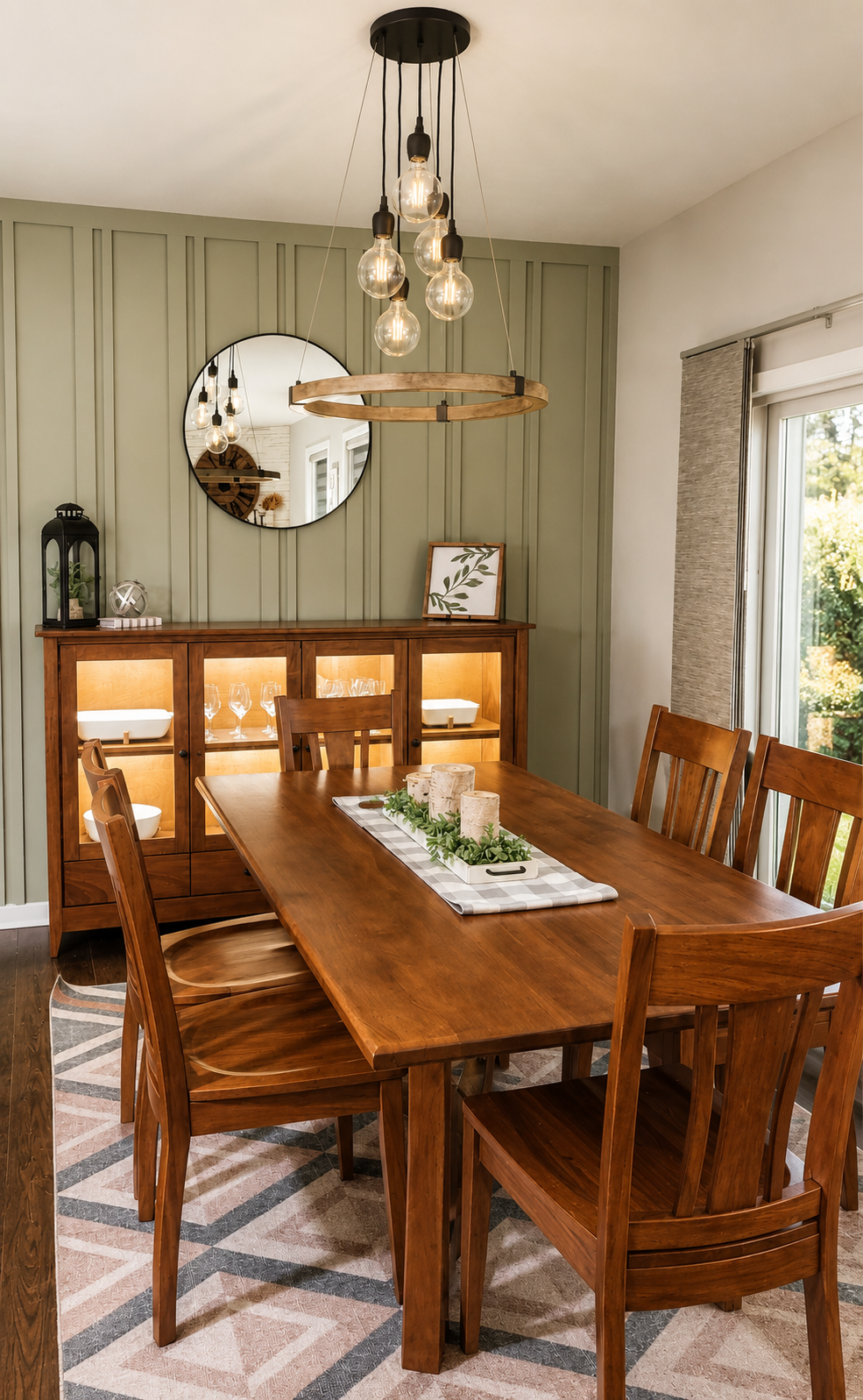 A dining room with a wooden rectangular table and six matching chairs. A wooden cabinet with glass doors illuminated from inside, displaying glassware and dishes, is against a green-paneled wall. A circular mirror hangs on the wall, reflecting pendant lights. Decor includes a white tray with candles and greenery on the table, a framed botanical print, and a lantern on the cabinet. Large window on the right with natural light and a view of greenery outside.