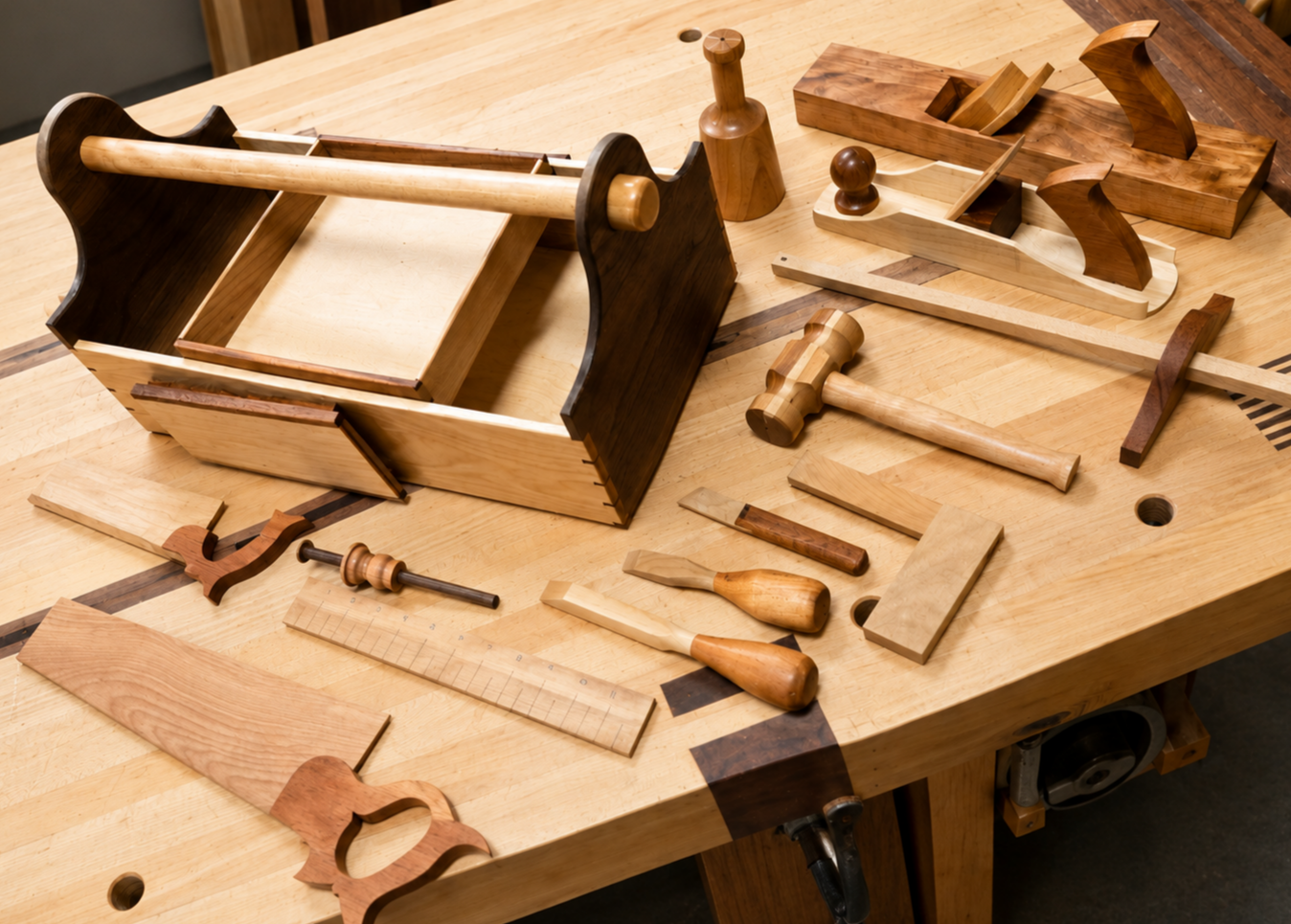 A woodworking workbench with various handmade wooden tools and pieces, including clamps, a hammer, and shaped wood parts.