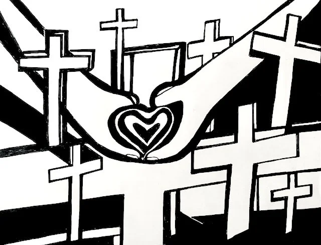 Black and white drawing of two hands with a heart between them, surrounded by multiple crosses in the background.