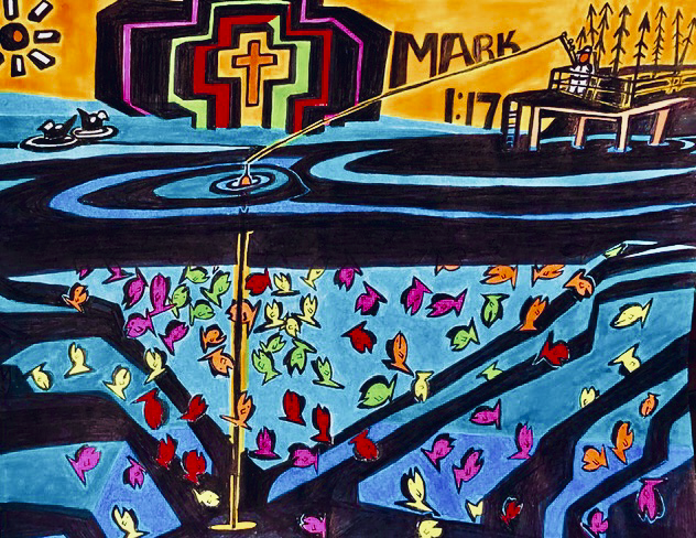 Colorful painting depicting a scene with a fishing boat on water, a group of fish below the surface, and religious symbols in the background, including a cross and the words "Mark 1:17."