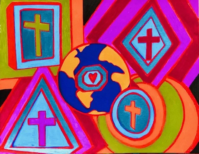 Colorful illustration featuring several crosses and geometric shapes surrounding a globe with a heart at its center.