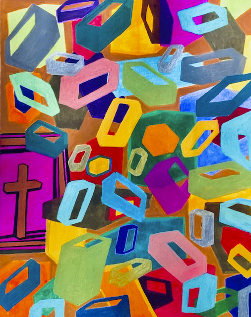 Colorful abstract painting of various 3D rectangular and pentagon-shaped objects in bright colors like blue, green, orange, pink, yellow, purple, and gray. Some objects have hollow centers, creating a layered, dynamic composition over a brown cross.
