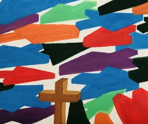 Colorful abstract painting with various arrow-shaped brushstrokes and a small wooden cross at the bottom.