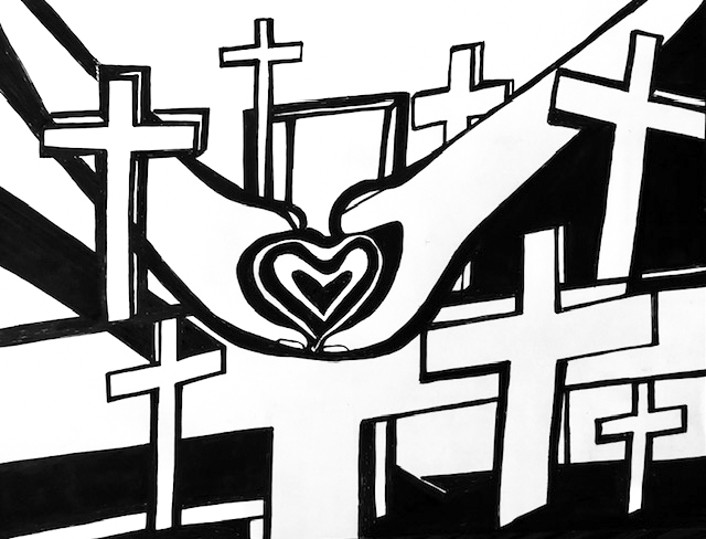 Black and white drawing of hands holding a heart with multiple crosses in the background.