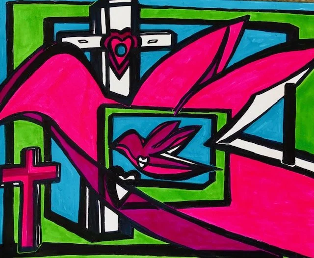 Colorful abstract artwork featuring a pink heart, a cross, and a dove within geometric shapes and vibrant colors.