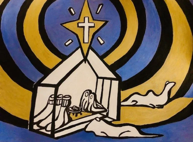 A religious artwork illustrating a nativity scene inside a star-shaped structure with a cross. The scene includes Mary and Joseph with the baby Jesus, and an ox lying nearby. The background features radiating stylized rays of light in yellow, black, 