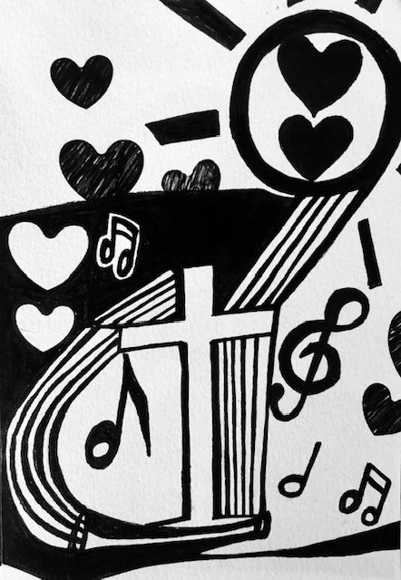 Black and white abstract cross drawing featuring hearts, musical notes, and a circle with three hearts inside.