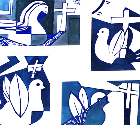 Abstract artwork featuring white doves, crosses, and leaves in shades of blue and white.