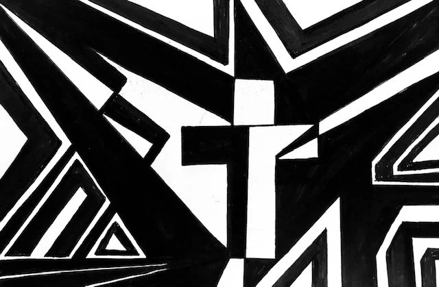 Black and white geometric abstract artwork of a cross with bold lines and triangles.
