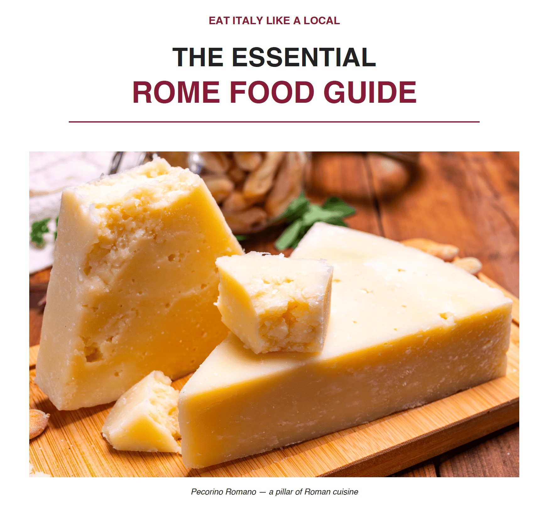 Close-up of a wedge of Pecorino Romano cheese with a textured surface, placed on a wooden cutting board, with a background of walnuts and a rustic wooden table.