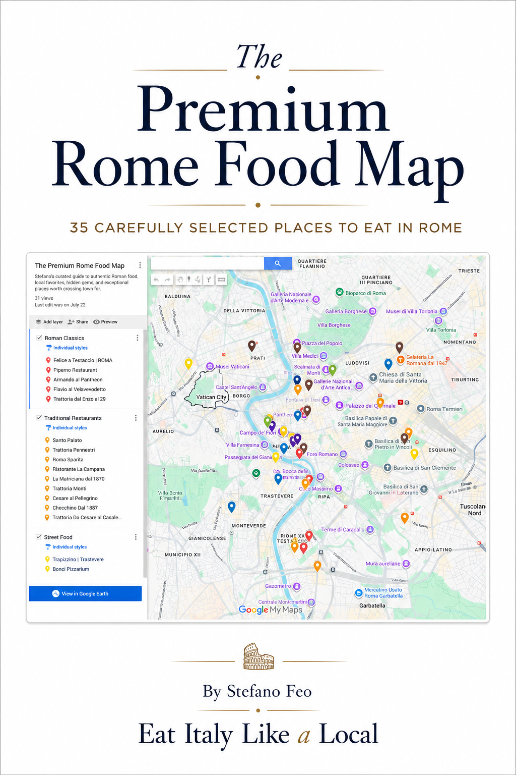 The cover of a book titled "The Premium Rome Food Map" featuring a map of Rome with various food and landmark locations marked, and the subtitle "35 Carefully Selected Places to Eat in Rome."