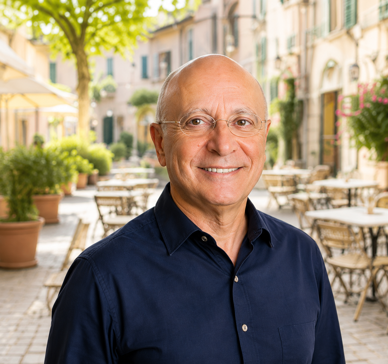 Smiling man with glasses and a navy shirt outdoors on a sunny patio with potted plants and European-style buildings in the background.