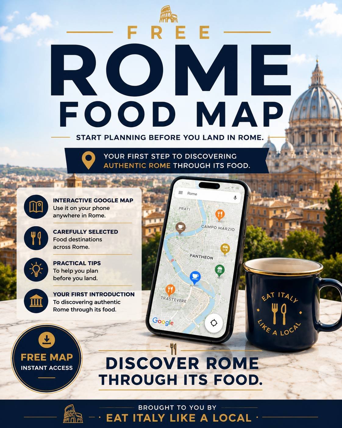 An advertisement for a free Rome food map app showing Rome landmarks, a smartphone with a map, and a coffee mug that reads "Eat Italy Like a Local". The background features a view of St. Peter's Basilica in Vatican City.
