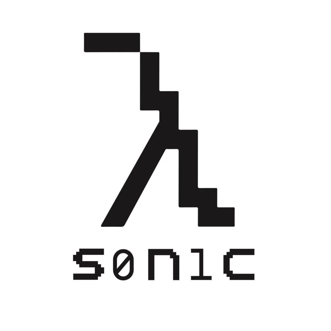 A stylized black and white logo of a figure and stairs with the word "SONIC" distorted in a pixelated font beneath it.