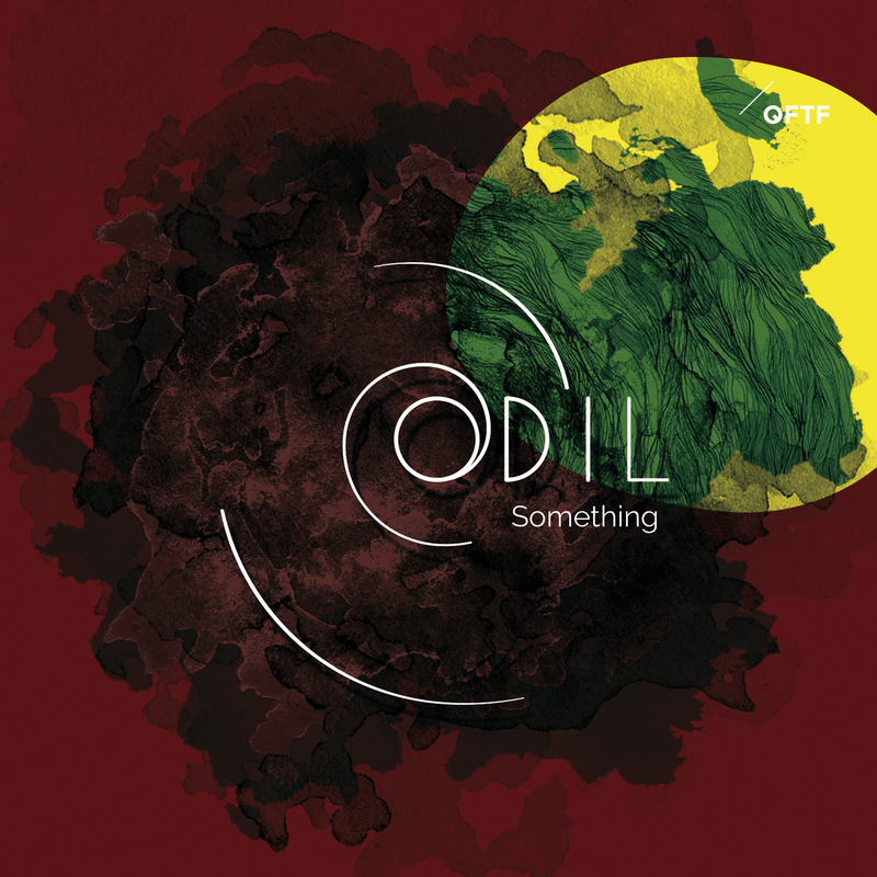 Abstract digital artwork with a dark reddish background and a black ink blot. A green fingerprint overlaps the ink blot with a yellow circle around part of it. White lines and text, including 'ODIL' and 'Something' and a 'QFTF' logo, are present.
