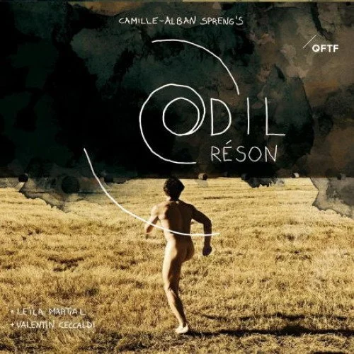 A child running in an open field with black graffiti-style text and abstract designs overlayed, including the words 'ODIL RÉSON' and names 'Camille-Alban Sprung,' 'Leila Martal,' and 'Valentin Ezzaldy'.