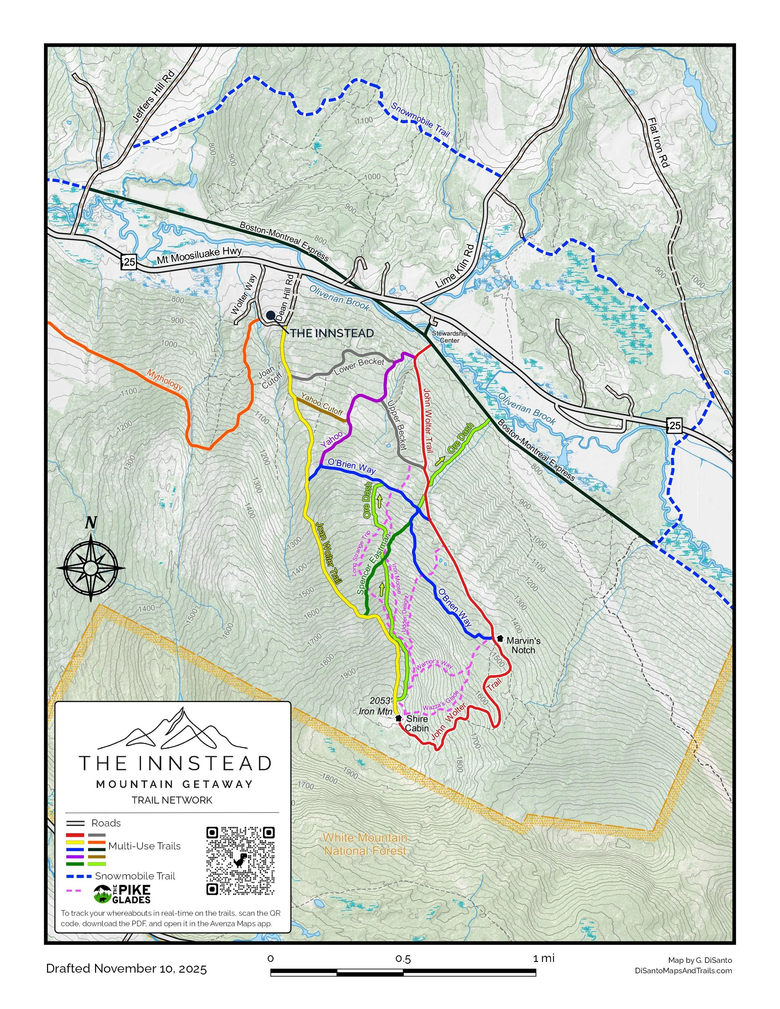 Map of The Innstead Mountain Getaway Trail Network showing roads, multi-use trails in yellow, purple, green, red, and blue for different trail types, the snowmobile trail marked with a blue dashed line, and the location of Marvin's Notch, Shire Cabin, and trail names. Topographic lines indicate elevation changes, with the bottom left corner showing a mountain range illustration.